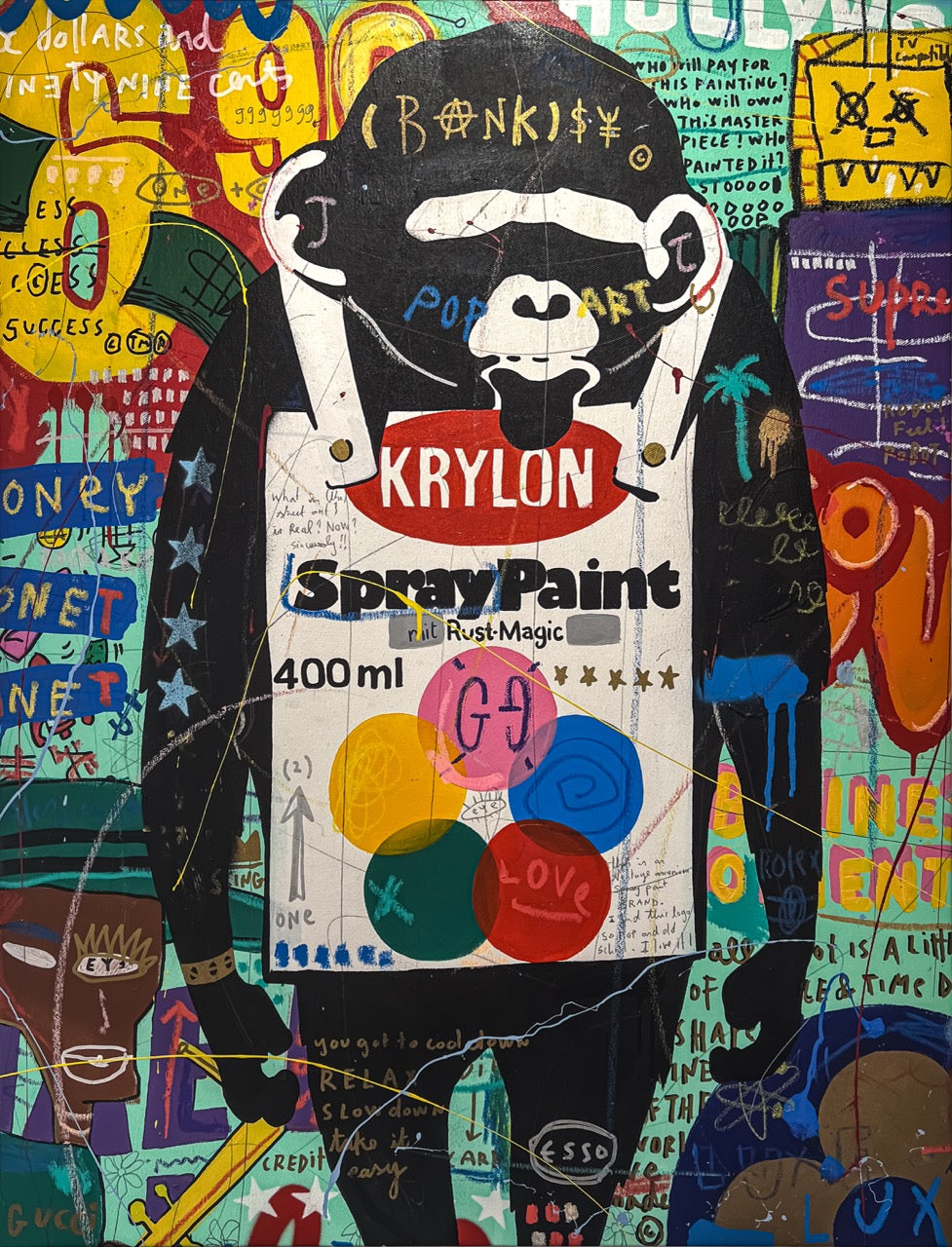 Jisbar Krylon Monkey 2024 original mixed media on canvas, vibrant Pop-Street urban art, Creed Gallery Ascot, Berkshire.