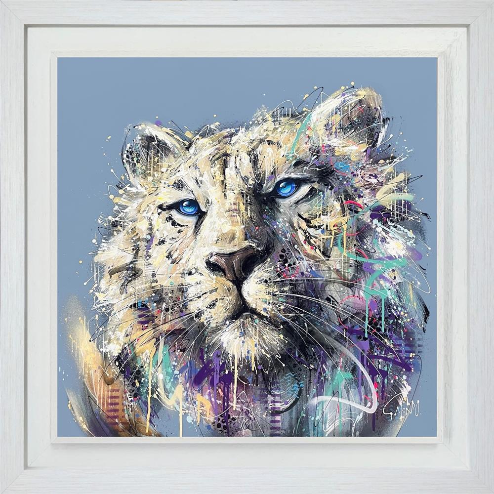 'Enzo' by Joe Galindo, a hand-embellished signed limited edition depicting a majestic white lion with vibrant colour splashes, in a premium contemporary frame for collectors in Windsor, Sunningdale, and Ascot.