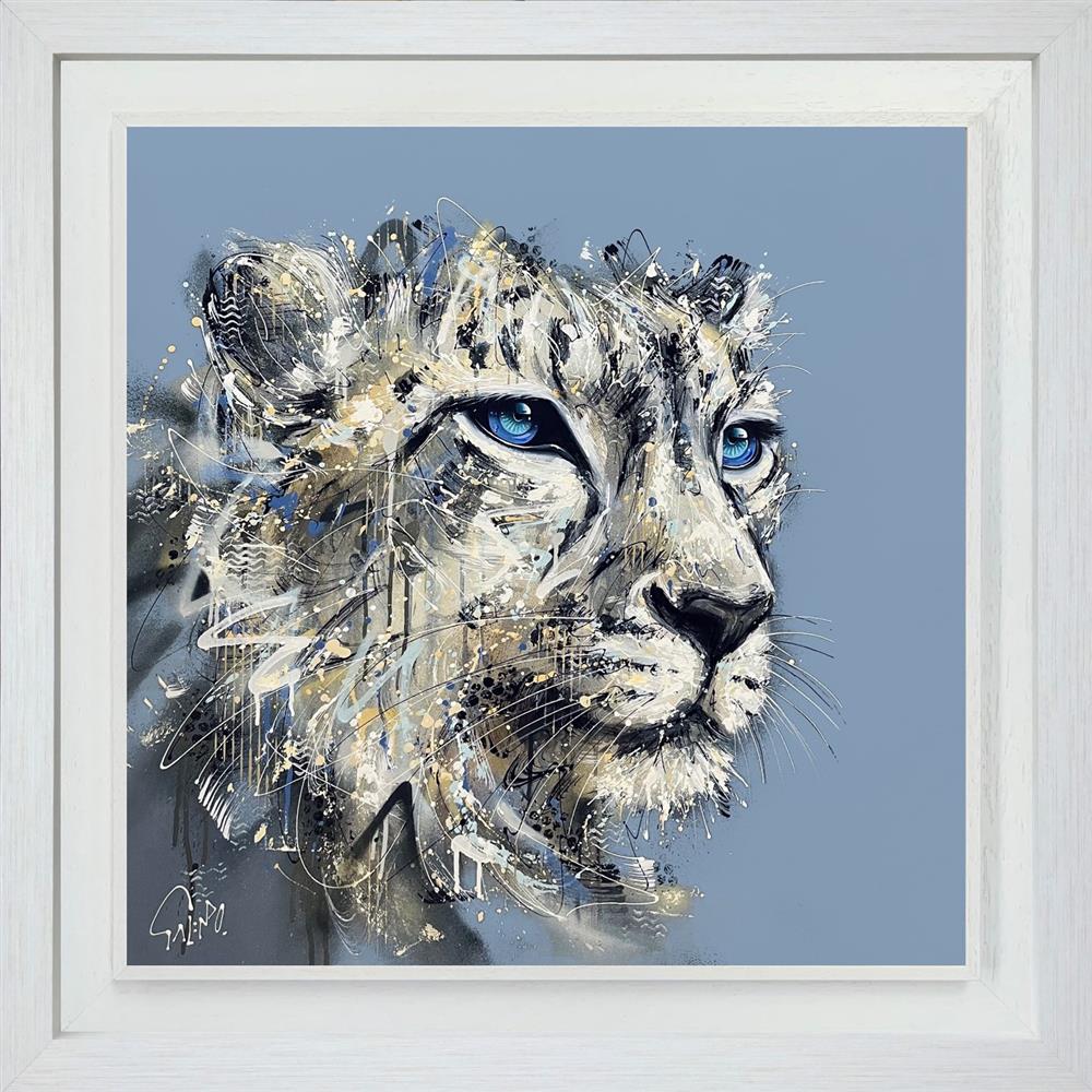 'Eros' by Joe Galindo, a hand-embellished signed limited edition depicting a powerful snow leopard with piercing blue eyes, in a textured white contemporary frame for collectors in Windsor, Sunningdale, and Ascot.