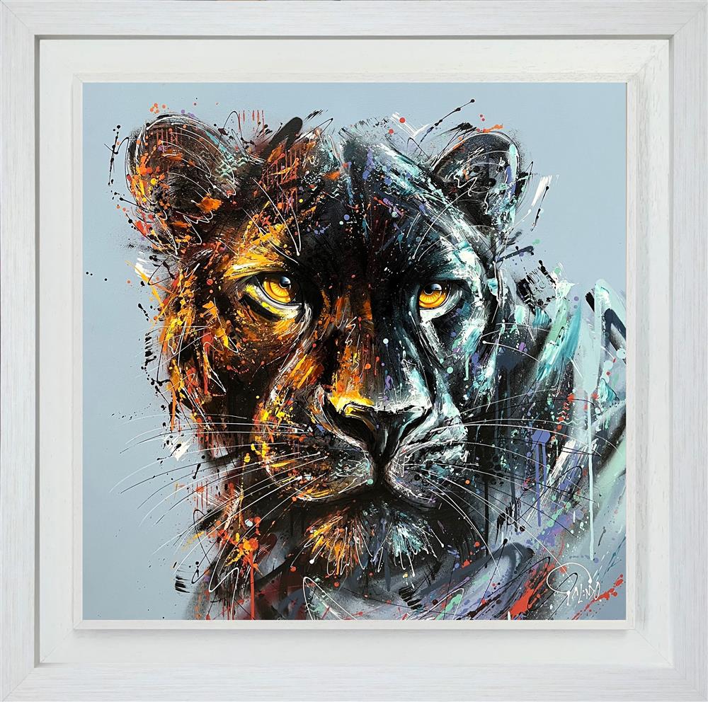 'Luna' by Joe Galindo, a hand-embellished signed limited edition depicting a black panther with vibrant yellow and blue textures, in a premium contemporary frame for collectors in Windsor, Sunningdale, and Ascot.