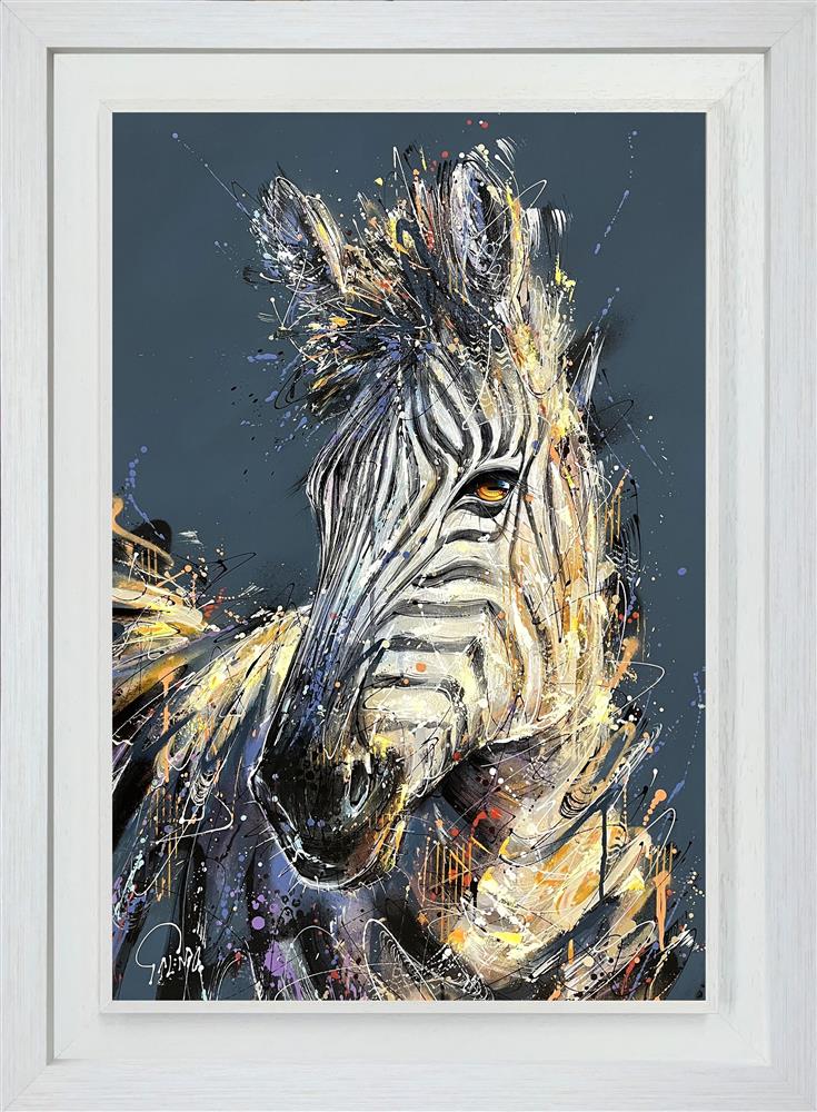 'Pearl' by Joe Galindo, a hand-embellished signed limited edition depicting a majestic zebra with vibrant purple and orange textures, in a premium contemporary frame for collectors in Windsor, Sunningdale, and Ascot.