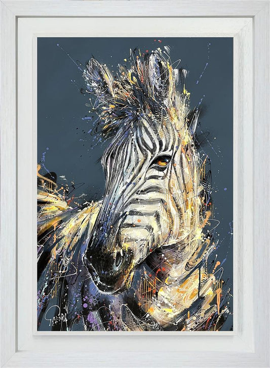 'Pearl' by Joe Galindo, a hand-embellished signed limited edition depicting a majestic zebra with vibrant purple and orange textures, in a premium contemporary frame for collectors in Windsor, Sunningdale, and Ascot.
