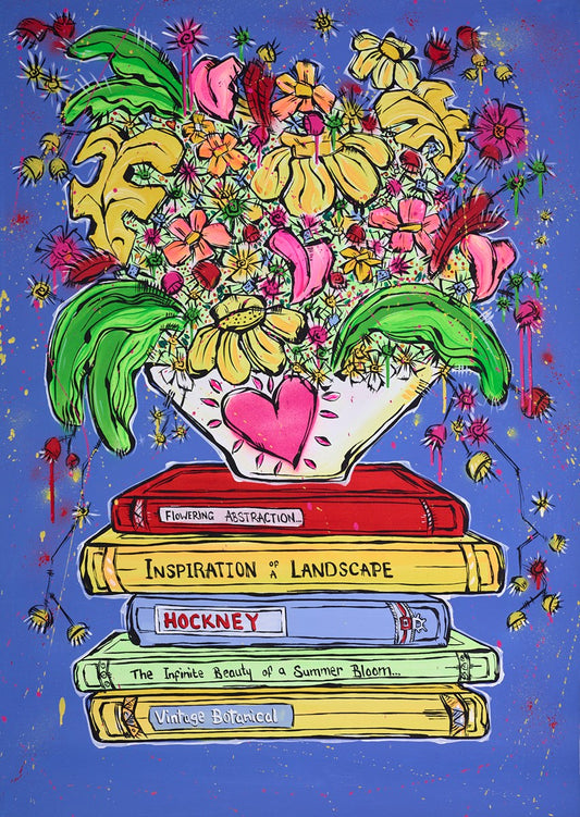 Vibrant blue-background still life painting by Jonjo Elliott featuring flowers in a pot and books, original contemporary British art