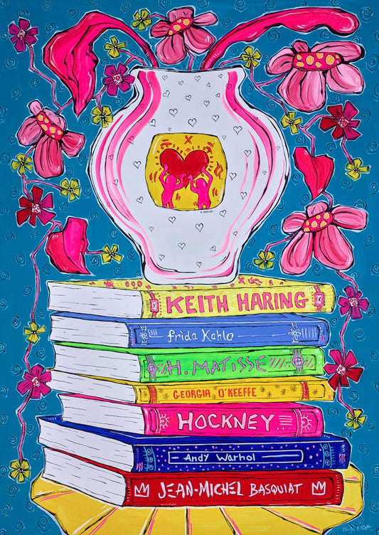 Vibrant blue still life painting 'Pink Climber' by Jonjo Elliott featuring a pink vase with flowers, original acrylic on canvas.