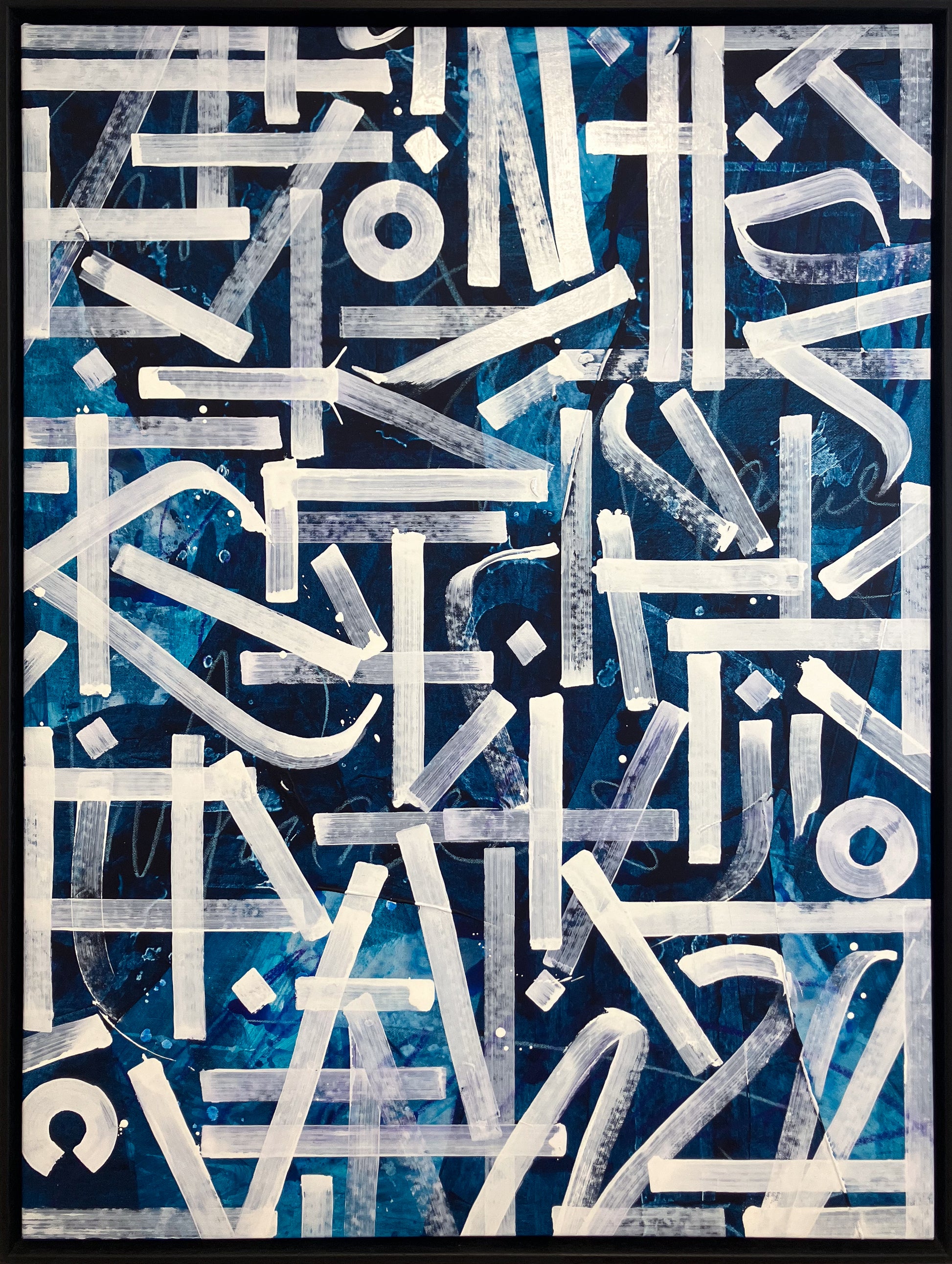 Kate Paul White on Blue large original abstract calligraphy, Creed Gallery Ascot, Berkshire.