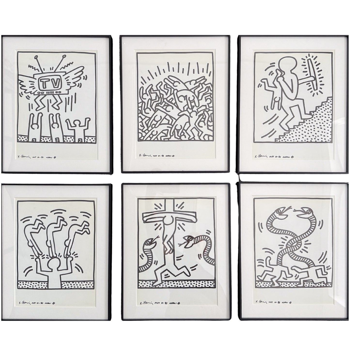 Keith Haring Naples Suite complete set six signed lithographs 1983 published 1990, La Galerie de Poche Paris, Creed Gallery Ascot.