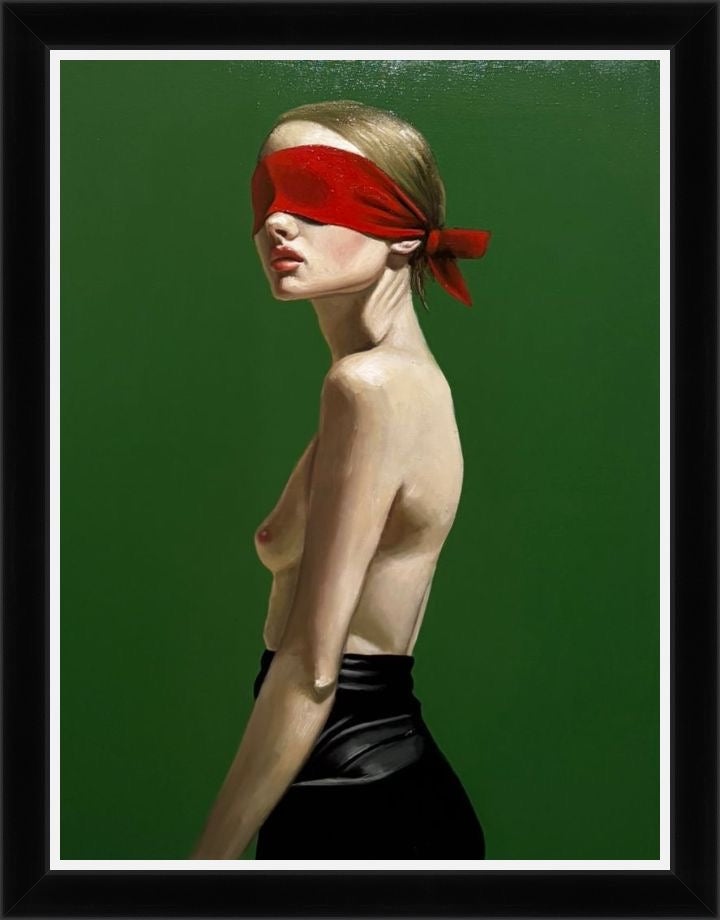 ‘Expose, mais absente’ by Koffins – An original oil on canvas featuring a modern figurative study of a nude woman wearing a red blindfold against a vibrant green background. Framed in a contemporary black frame, available at Creed Gallery Ascot.