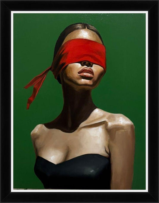 ‘La, sans regard’ by Koffins – A large rectangular original oil on canvas featuring a modernist figurative study of a person with a red blindfold against a vibrant green background. Framed in a contemporary black frame, available at Creed Gallery Ascot near Windsor.