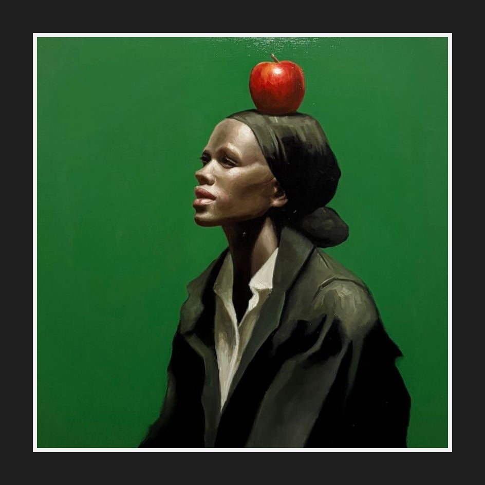 ‘La tentation Silencieuse’ by Koffins – A large square original oil on canvas featuring a modernist figurative study of a person with an apple on their head against a green background. Framed in a contemporary black frame, available at Creed Gallery Ascot.