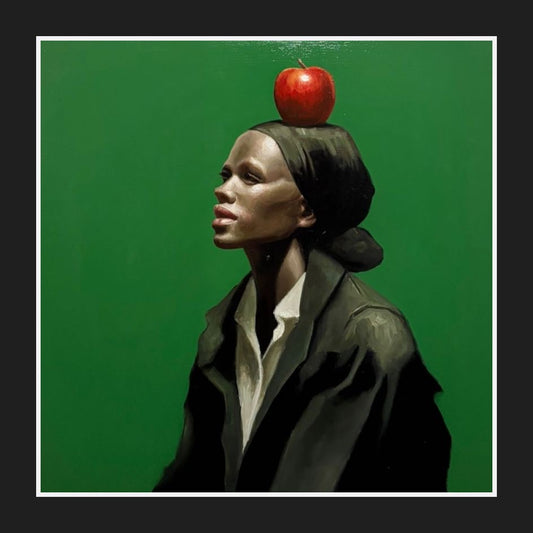 ‘La tentation Silencieuse’ by Koffins – A large square original oil on canvas featuring a modernist figurative study of a person with an apple on their head against a green background. Framed in a contemporary black frame, available at Creed Gallery Ascot.