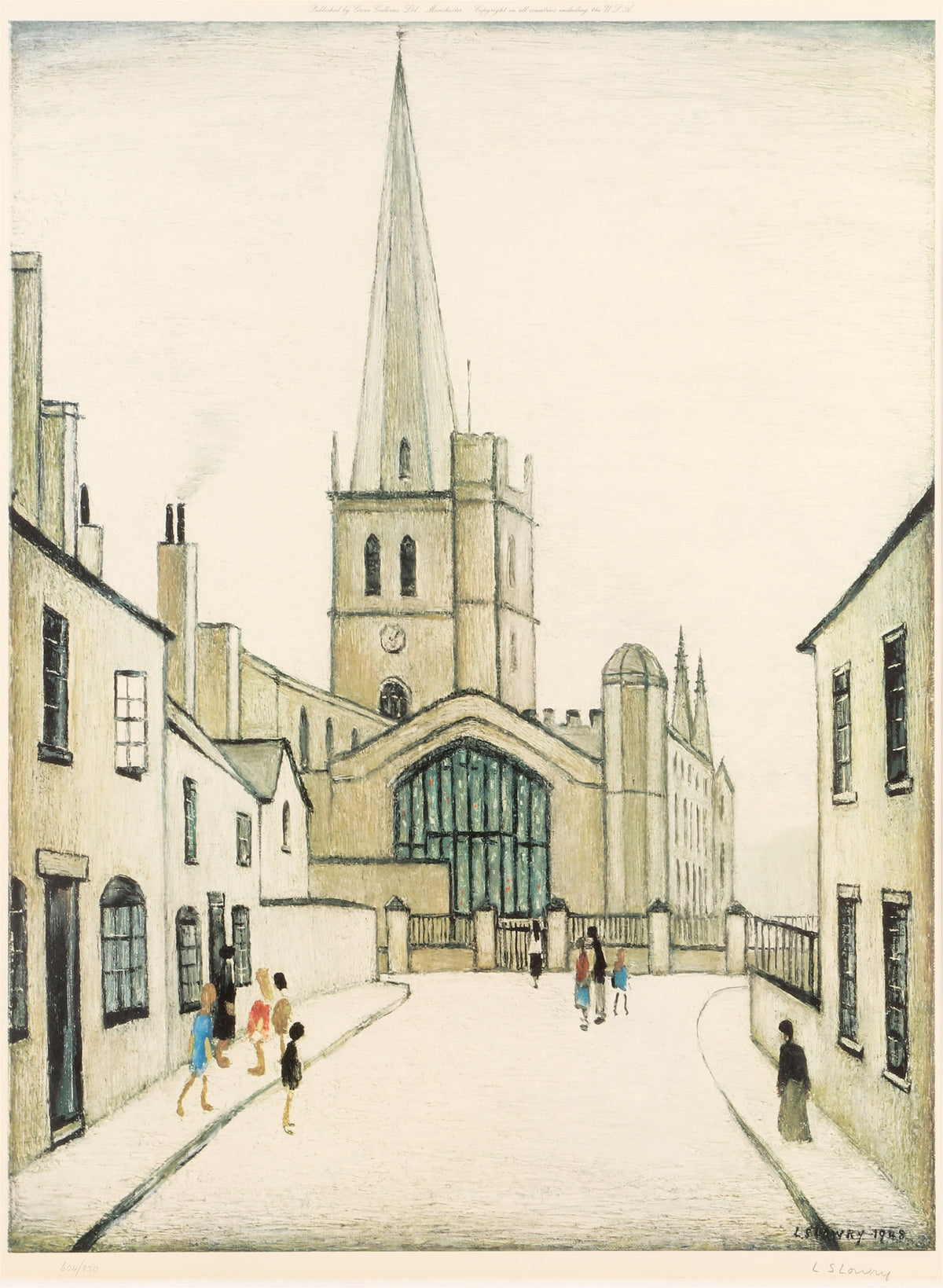 Framed L. S. Lowry offset lithograph Burford Church, signed and numbered 604/850, at Creed Gallery, Ascot