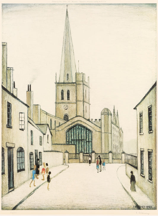 Framed L. S. Lowry offset lithograph Burford Church, signed and numbered 604/850, at Creed Gallery, Ascot