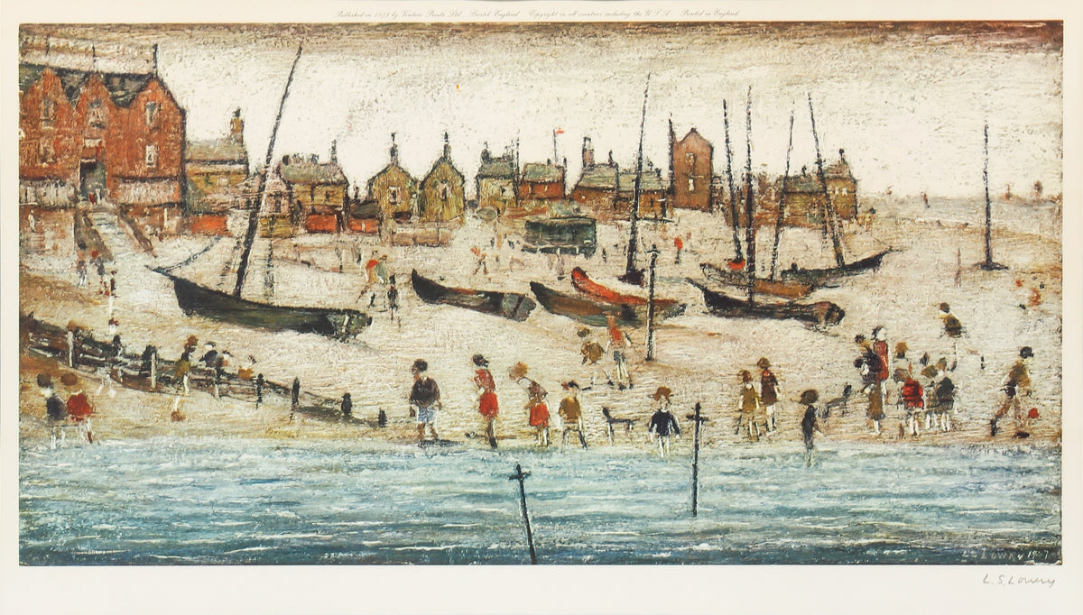 Framed L. S. Lowry offset lithograph Deal Beach, 1973, signed in pencil, at Creed Gallery, Ascot