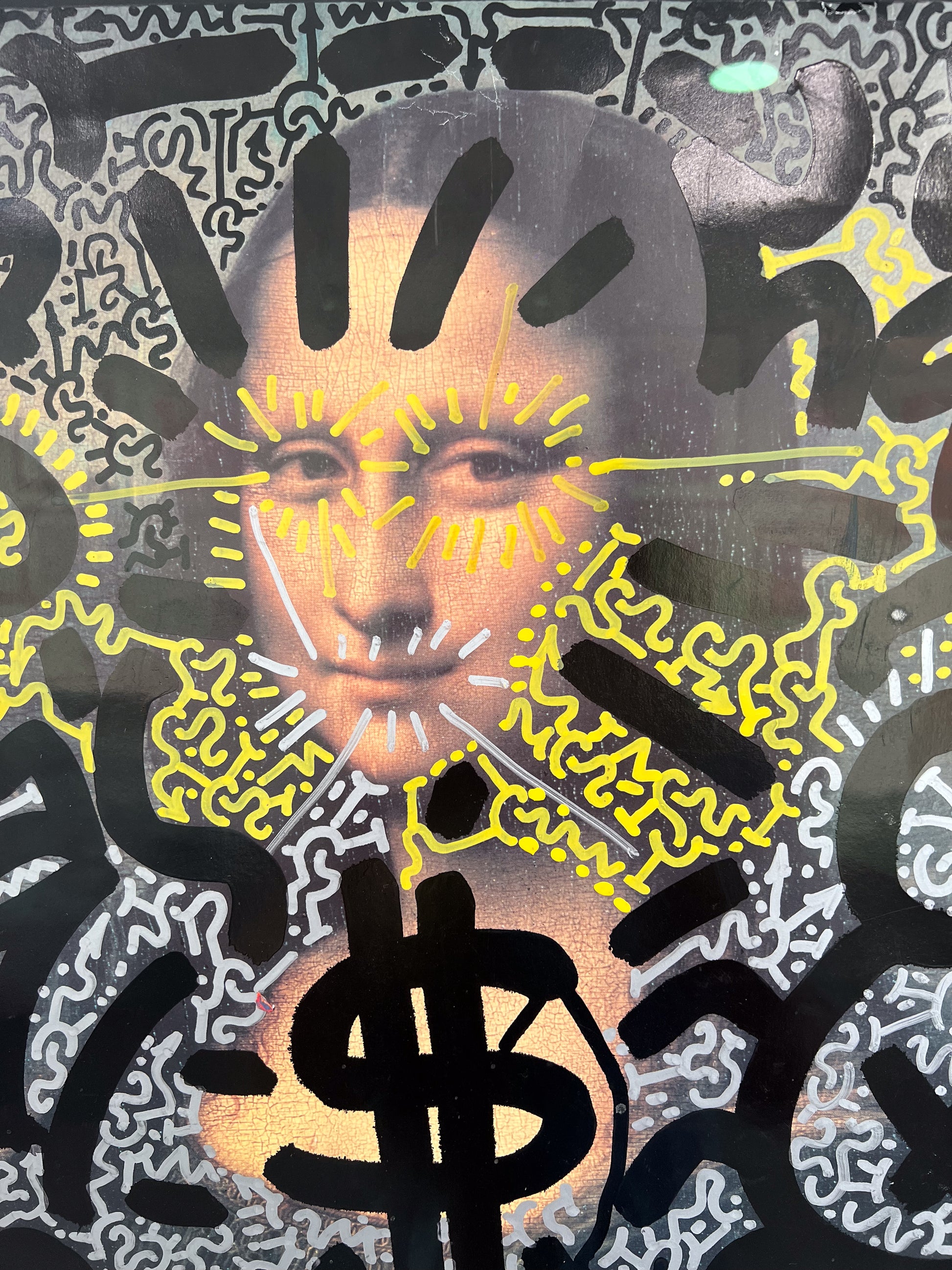 Angel Ortiz LA II Mona Haring original painting, featuring the Mona Lisa covered in graffiti tags and dollar signs, framed and available now at Creed Gallery, serving Ascot and Virginia Water.