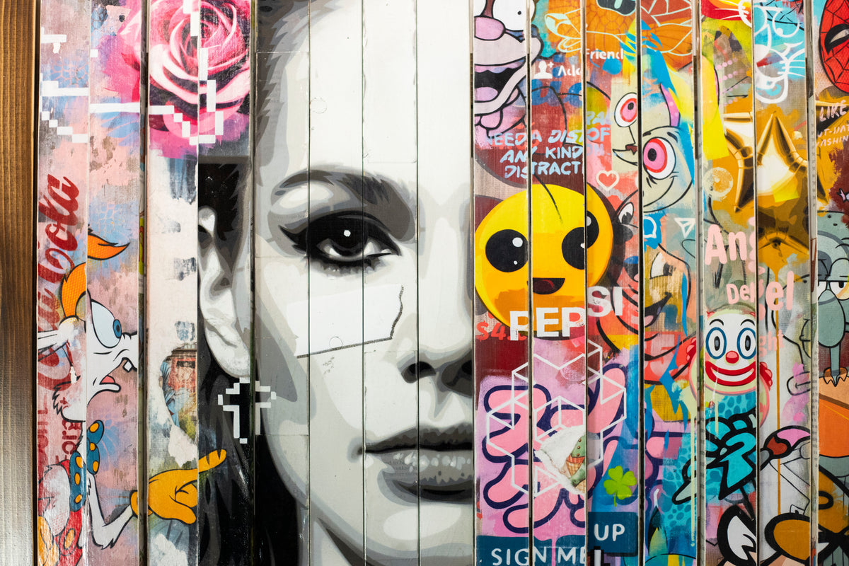Detail of Lhouette Misfits showing the face, pink rose, gold star and cartoon collage across the slats