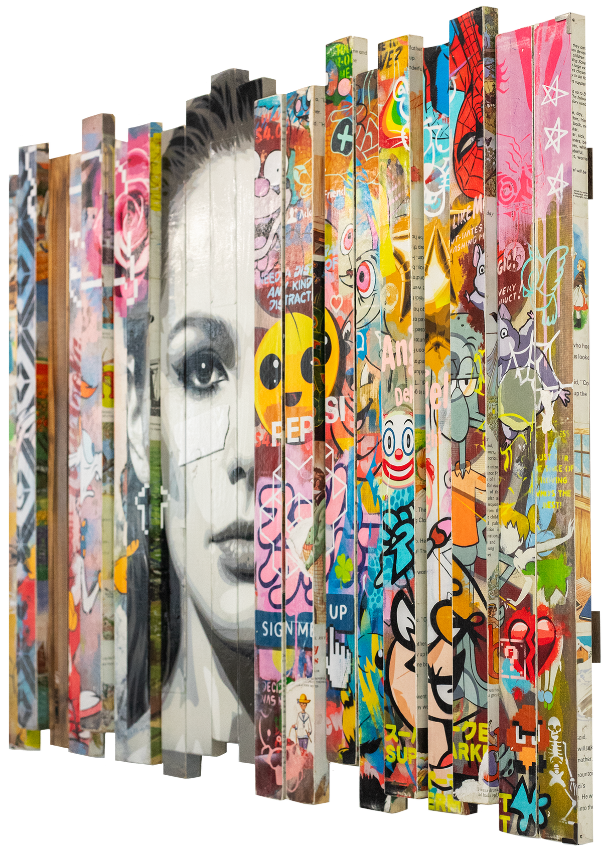 Lhouette Misfits slatted pop art work, second angled view showing the depth of the slats