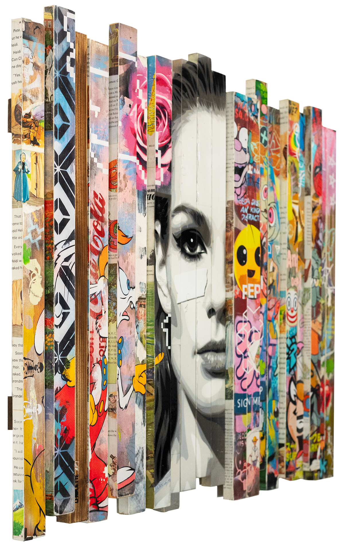 Lhouette Misfits pop art work from an angle, showing the staggered depth of the vertical slats
