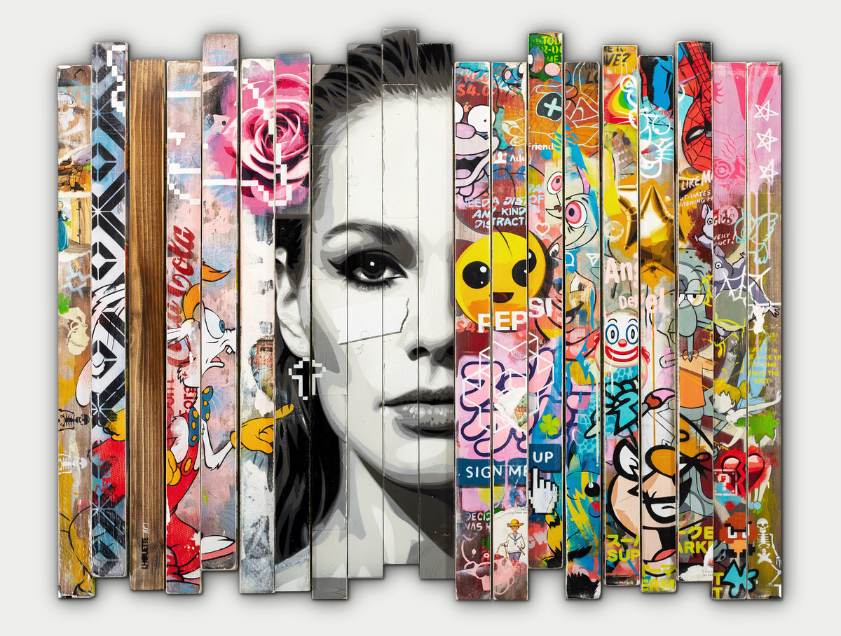 Lhouette Misfits slatted pop art work, second front view, black-and-white face and graffiti collage