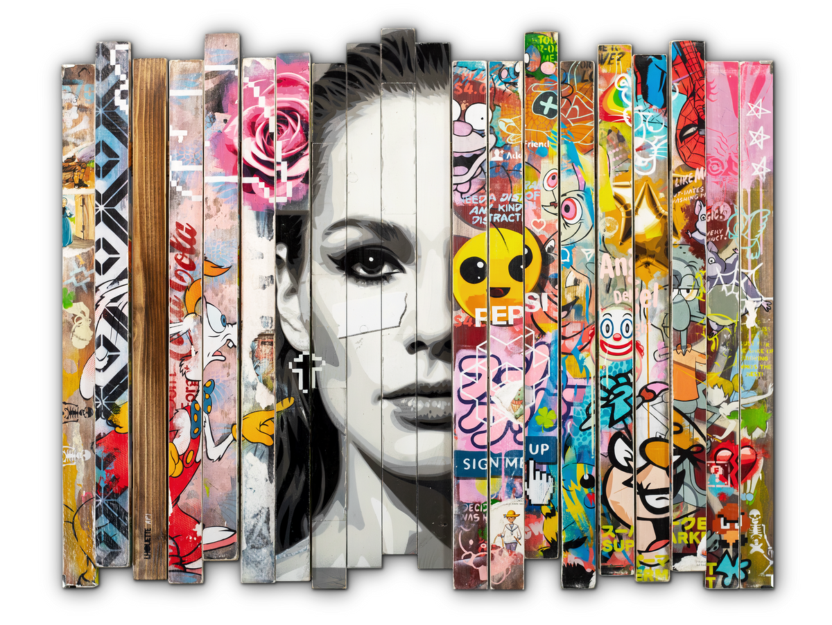 Lhouette Misfits pop art work in vertical slats, black-and-white face among cartoons and graffiti, front view