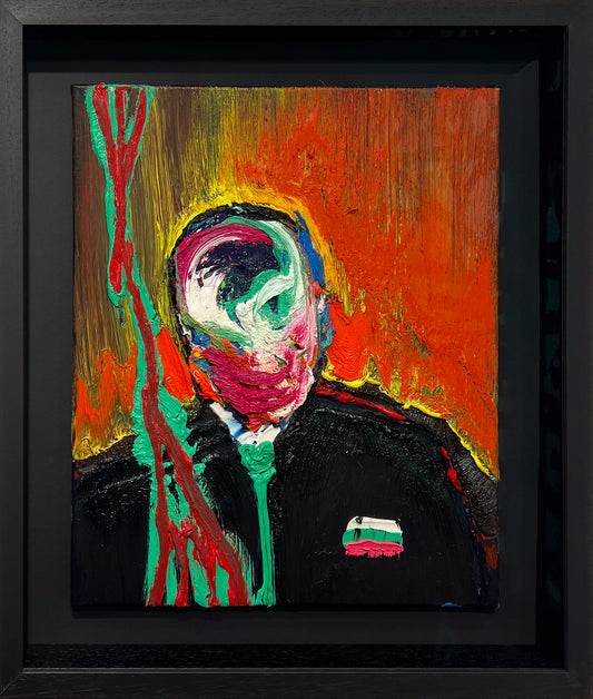 Lincoln Townley's Bacon's Colony Room, an expressive oil portrait in green, white and crimson against burning orange
