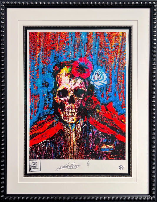 Original mixed-media figurative painting "Skull Banker | White Rose" by Lincoln Townley with a black mount at Creed Gallery Ascot.