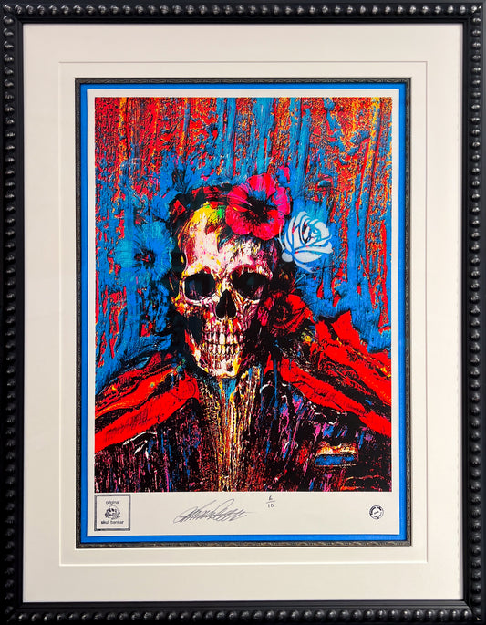 Original mixed-media figurative painting "Skull Banker | White Rose" by Lincoln Townley with a sophisticated blue mount at Creed Gallery Ascot.