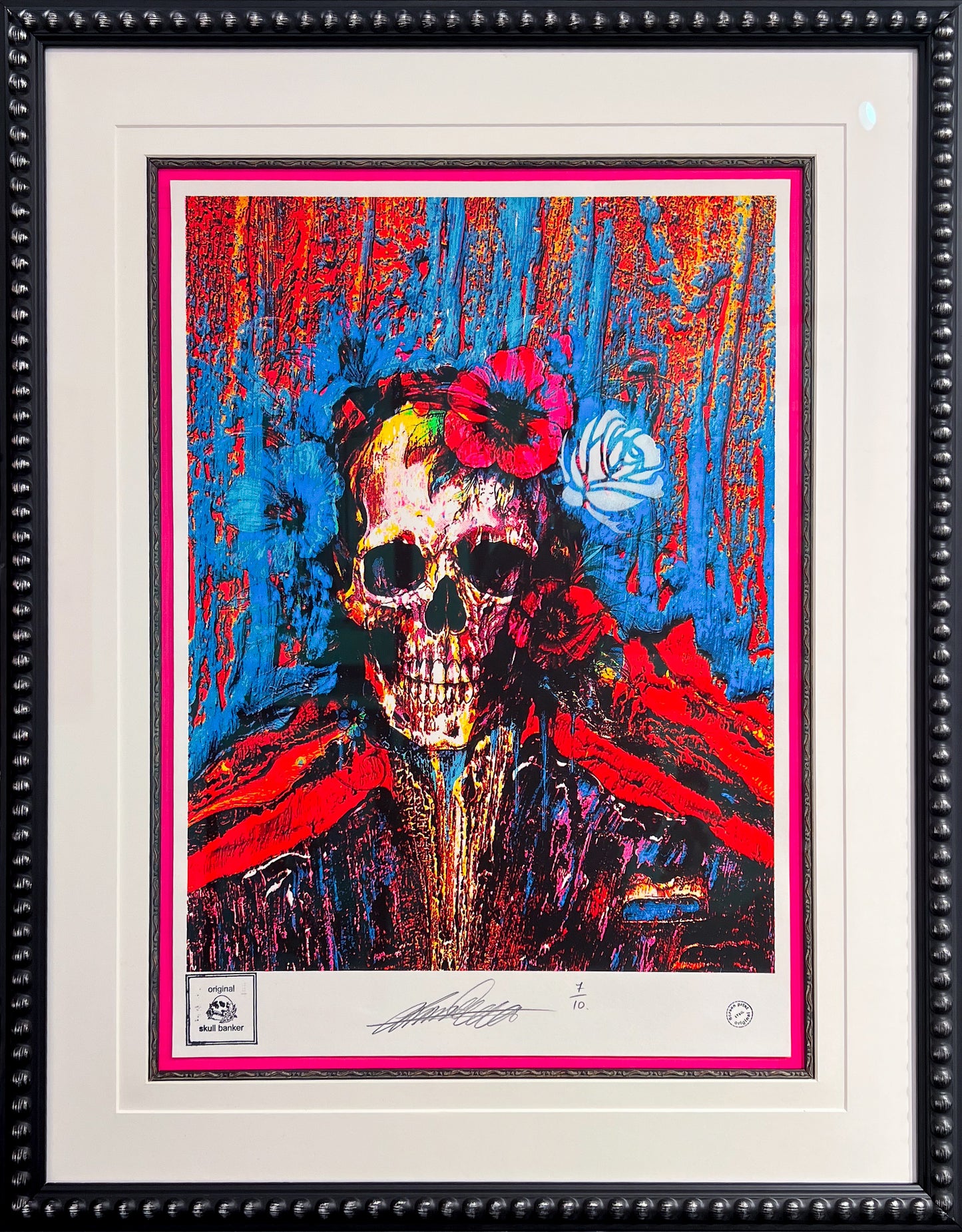 Original mixed-media figurative painting "Skull Banker | White Rose" by Lincoln Townley with a contemporary pink mount at Creed Gallery Ascot.