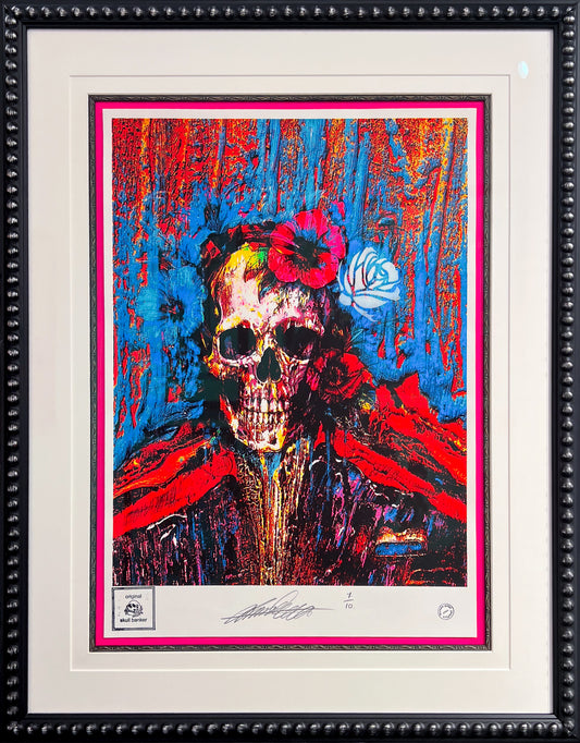 Original mixed-media figurative painting "Skull Banker | White Rose" by Lincoln Townley with a contemporary pink mount at Creed Gallery Ascot.