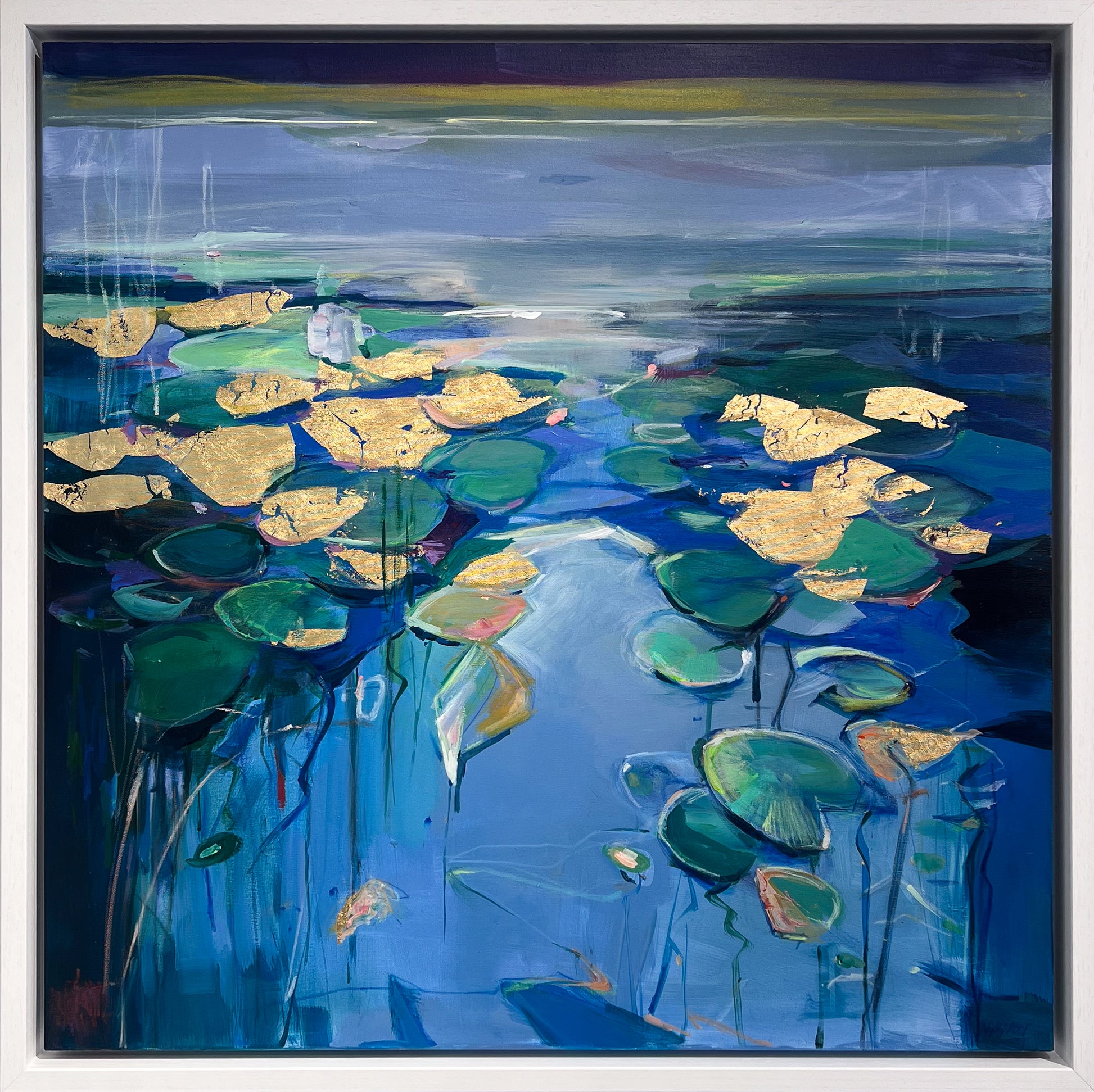Framed original 'Waterlilies III' painting by Magdalena Morey, displayed in a modern frame at Creed Gallery, Ascot. 