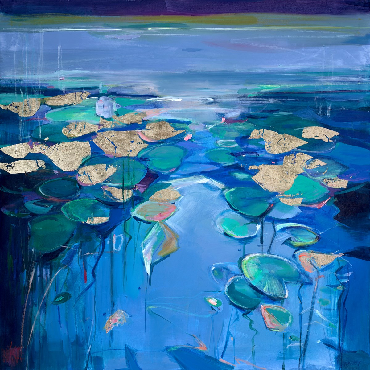 Unframed original canvas of 'Waterlilies III' by Magdalena Morey, showcasing her expressive, textured floral style.
