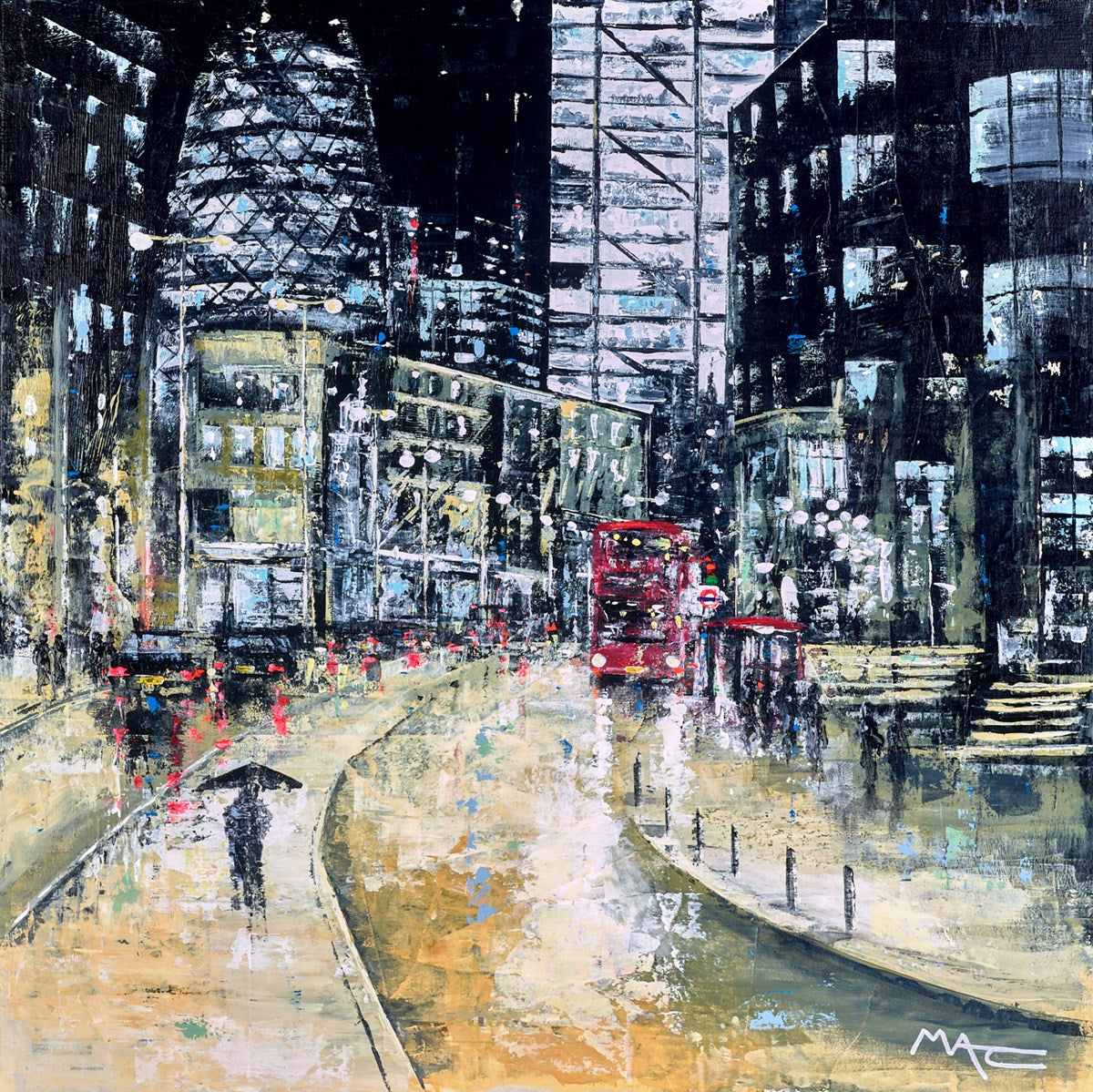 Mark Curryer Tonight The Lights Are Bright London original mixed media cityscape, Creed Gallery Ascot, Berkshire.