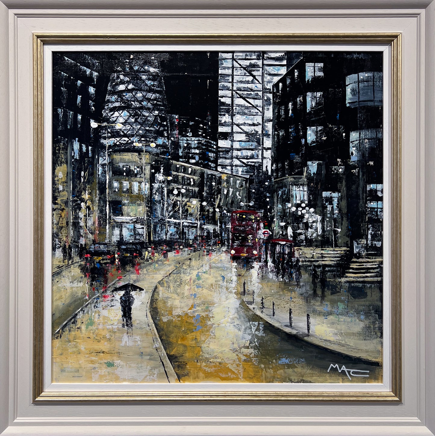 Mark Curryer Tonight The Lights Are Bright London original mixed media cityscape, Creed Gallery Ascot, Berkshire.