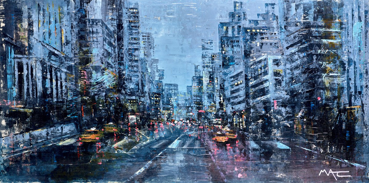 Mark Curryer Tail Lights and Indicators NYC original mixed media cityscape, Creed Gallery Ascot, Berkshire.