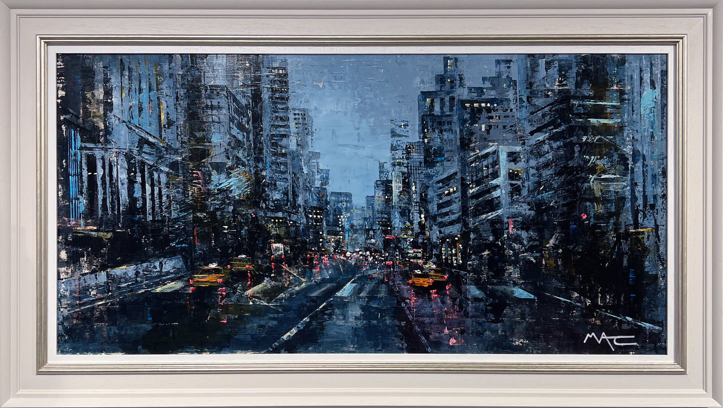Mark Curryer Tail Lights and Indicators NYC original mixed media cityscape, Creed Gallery Ascot, Berkshire.