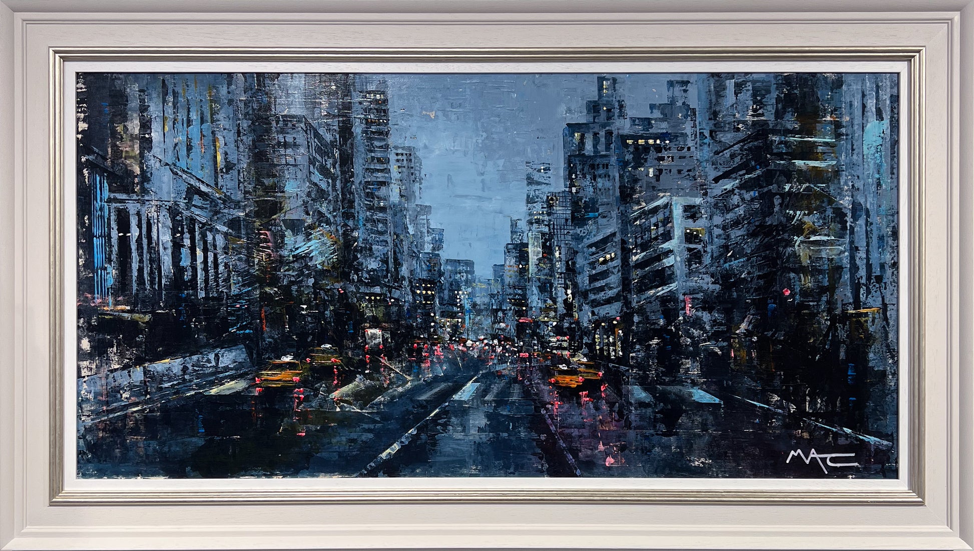 Mark Curryer Tail Lights and Indicators NYC original mixed media cityscape, Creed Gallery Ascot, Berkshire.