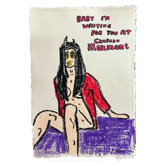 An original 1-of-1 mixed media work titled "A Celebrity Affair" by Mason Newman, featuring oil pastel and ink on handmade paper. The piece depicts a figure in a red jacket with the handwritten text "Baby I'm waiting for you at Chateau Marmont".