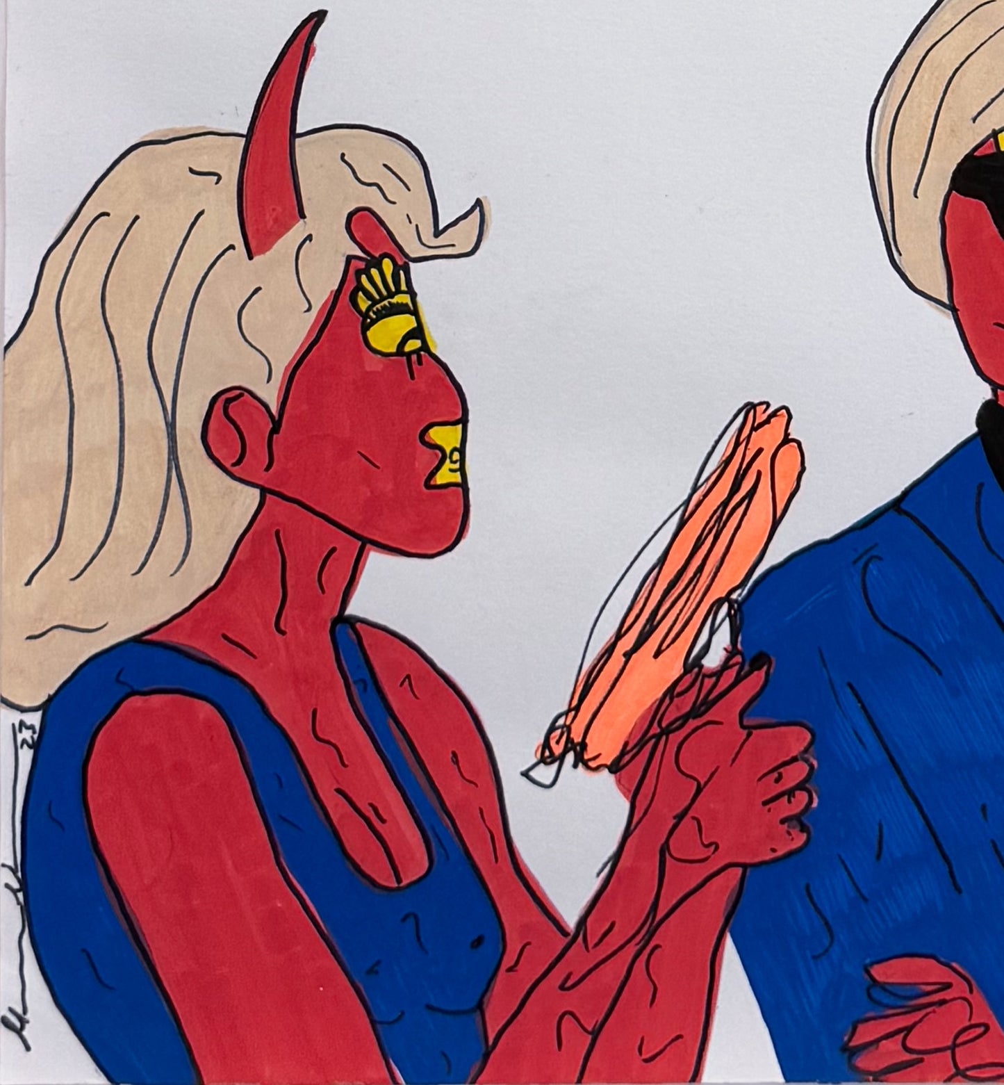 Close-up detail of the "Actress Shoots Warhol" original work, showing a devil-horned character holding a gun towards a figure resembling Andy Warhol. The image highlights the "New Pop" aesthetic and flat, bold colour fields characteristic of artist Mason Newman.
