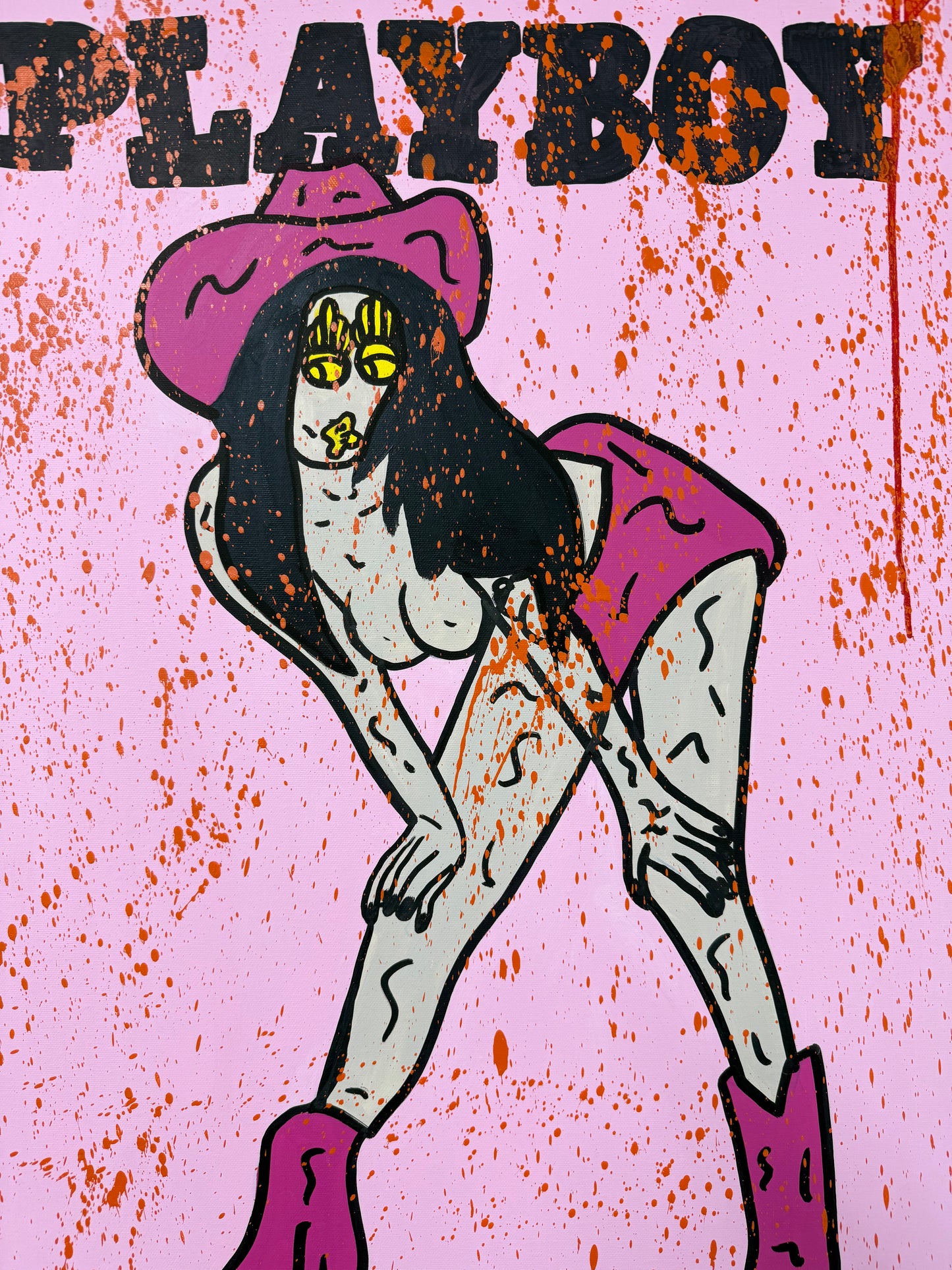 Close-up detail of acrylic and spray paint layers on Mason Newman's Pink Playboy. This contemporary mixed-media artwork by Madonna's former creative director explores themes of wealth and celebrity.