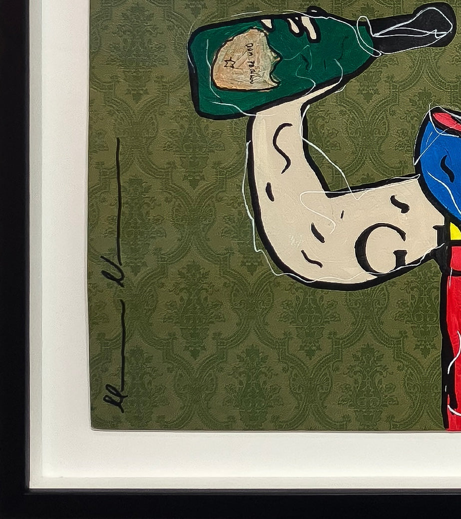 Close-up detail of the "Gucci Champagne Princess" original work, showing a reimagined Snow White character holding a champagne bottle. The image highlights the "New Pop" aesthetic of Forbes 30 Under 30 artist Mason Newman applied to luxury branded materials.