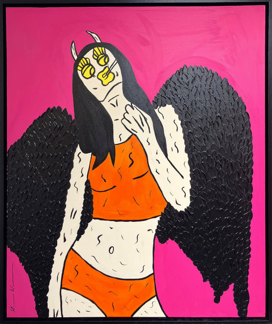 Original Mason Newman pop art painting titled 'Black Sabbath Angel' featuring a winged figure in orange clothing against a vibrant Barbie Pink background with heavy impasto textured wings.