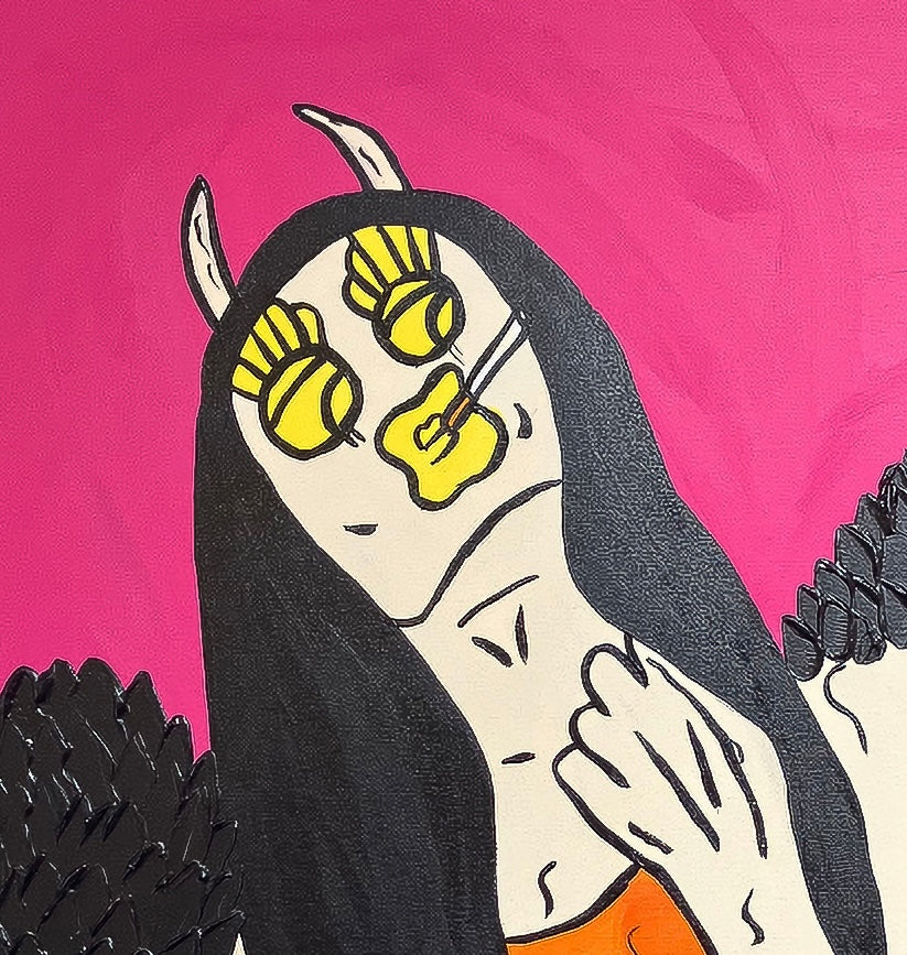 A detailed view of the central figure in "Black Sabbath Angel (Barbie Pink)," showing the unique hand-painted facial details and halo. This large-scale original by Forbes 30 Under 30 artist Mason Newman comes with a certificate of authenticity.