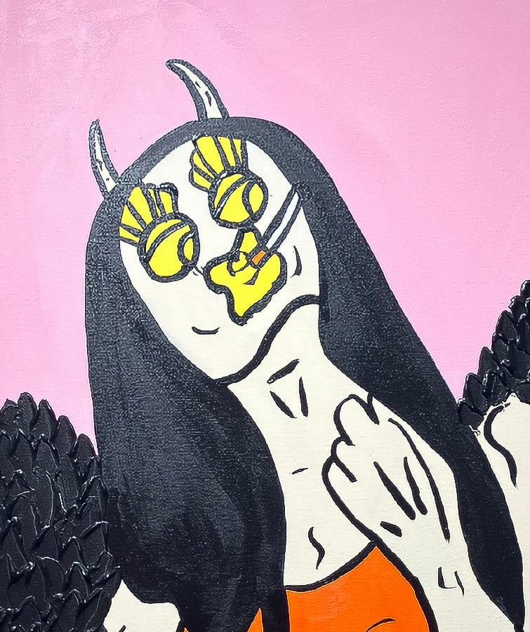 Detailed view of the central figure in the "Black Sabbath Angel (Pink)" original painting. The shot focuses on the hand-painted facial features, horns, and halo, showcasing the unique details of this Forbes 30 Under 30 artist's work.