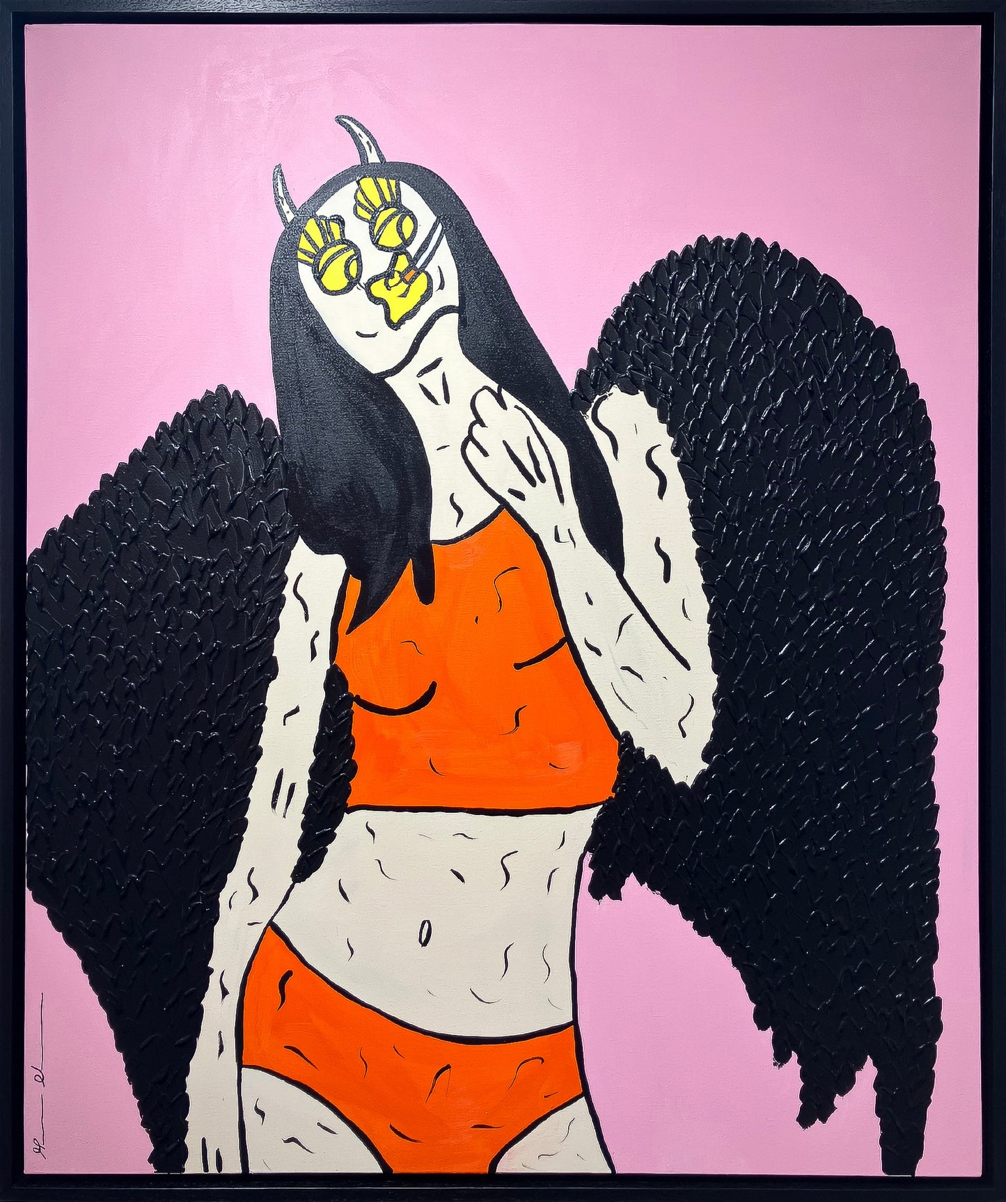 Original Mason Newman pop art painting titled 'Black Sabbath Angel' featuring a winged figure in orange clothing against a vibrant Pink background with heavy impasto textured wings.
