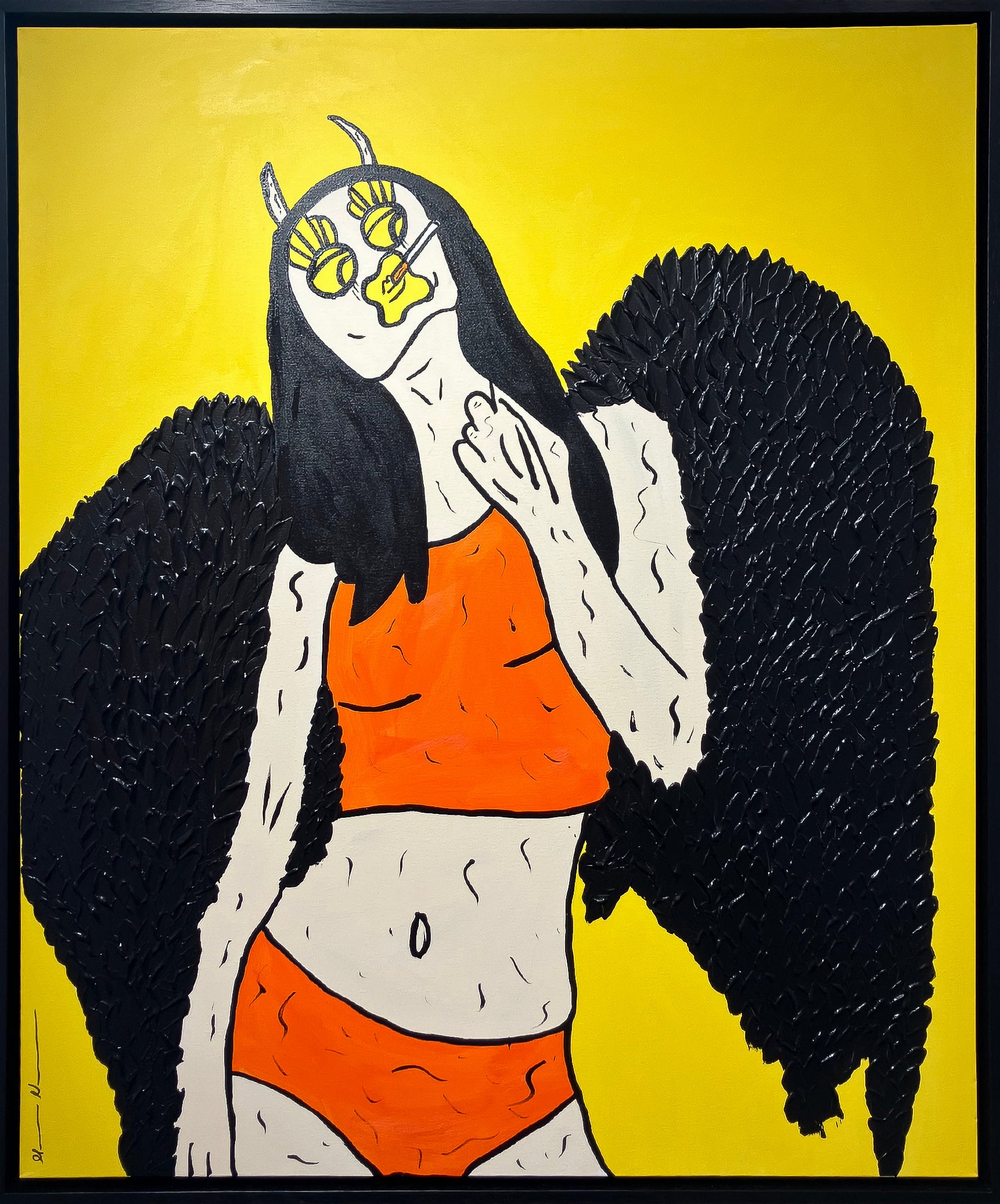 Original Mason Newman pop art painting "Black Sabbath Angel" in vibrant Yellow with heavy black impasto wings, Creed Gallery Ascot.