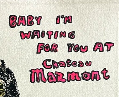 Close-up detail of the "A Celebrity Affair" original artwork, focusing on the textured handmade paper and handwritten ink typography. This shot highlights the raw, gestural style and "New Pop" aesthetic used by Forbes 30 Under 30 artist Mason Newman.