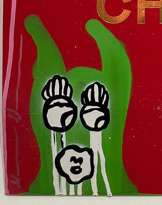 Close-up detail of the "Cherry Gang" original work, highlighting the vibrant green drip-style characters and textured spray-paint background. The image showcases the raw "New Pop" aesthetic of Forbes 30 Under 30 artist Mason Newman.