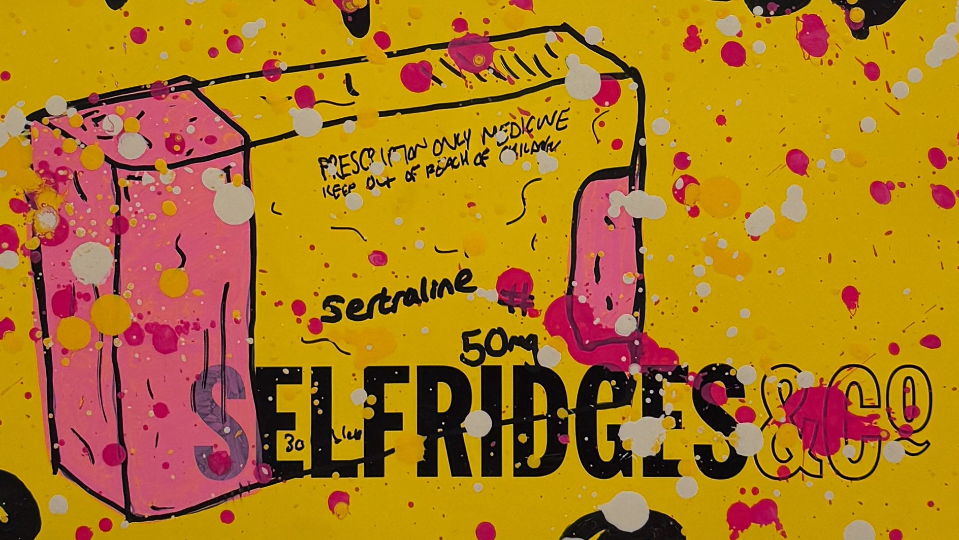 Close-up detail of the "The Depressed Generation" artwork, focusing on the bold black typography and vibrant pink spray-paint splatters. This unique 1-of-1 piece by Forbes 30 Under 30 artist Mason Newman subverts luxury branding with a raw, "New Pop" aesthetic.