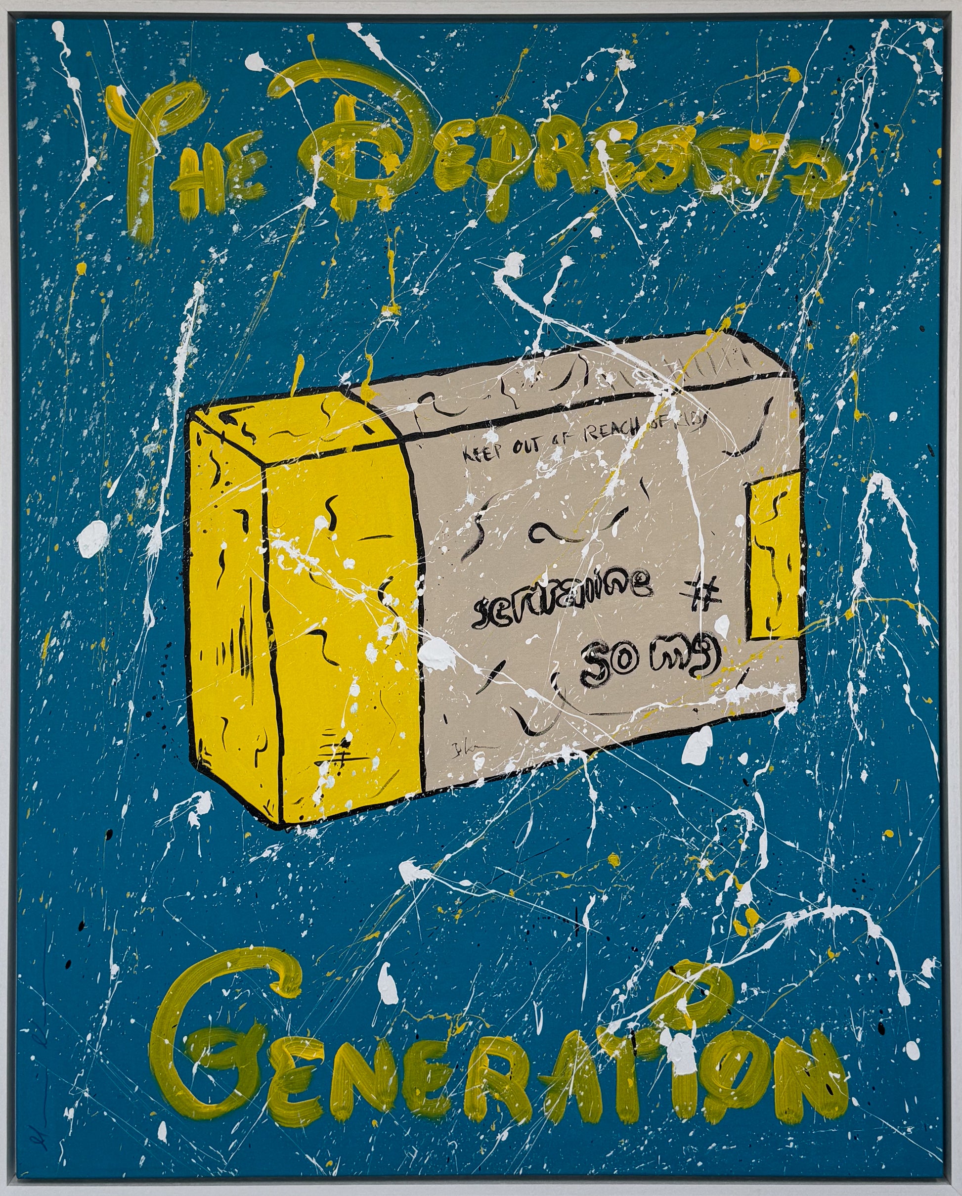 A large-scale original painting titled "The Depressed Generation | XL (Teal)" by Mason Newman, featuring acrylic and spray paint on canvas. The 1-of-1 artwork depicts a pharmaceutical box motif against a vibrant teal background with expressive white paint splatters.