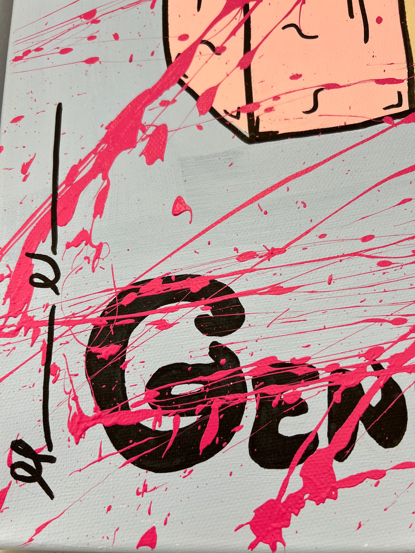 Close-up detail of the hand-painted "GENERATION" typography and pink gestural splatters on the "Diazepam" original canvas. The image highlights the raw, street-art textures and "New Pop" aesthetic of Forbes 30 Under 30 artist Mason Newman.