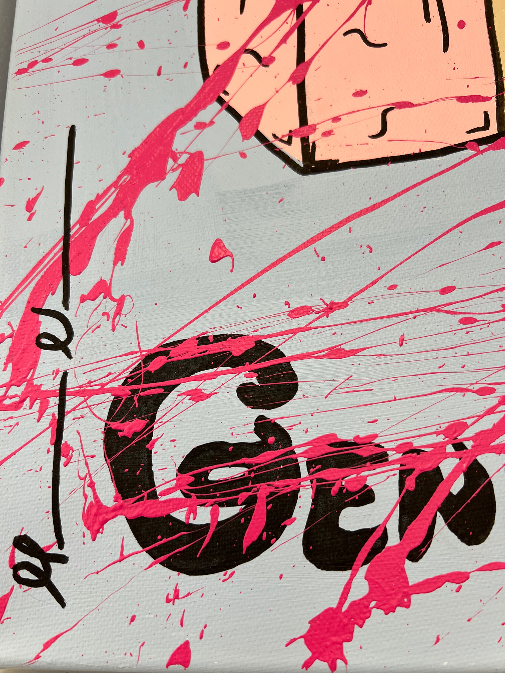 Close-up detail of the hand-painted "GENERATION" typography and pink gestural splatters on the "Diazepam" original canvas. The image highlights the raw, street-art textures and "New Pop" aesthetic of Forbes 30 Under 30 artist Mason Newman.